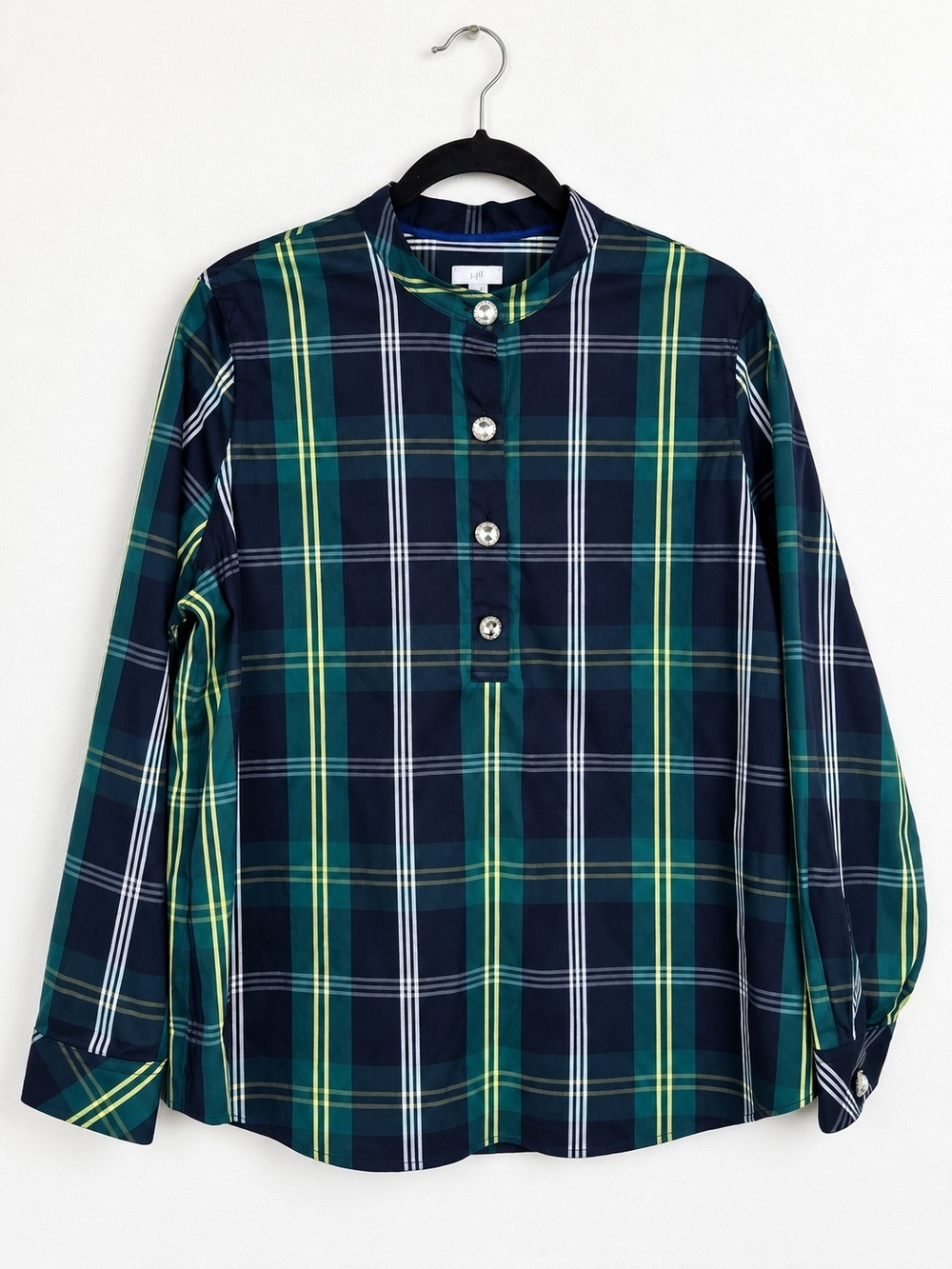 Chico's 2 Large Plaid Jeweled Button Blouse Green Navy Preppy Holiday Tartan Top